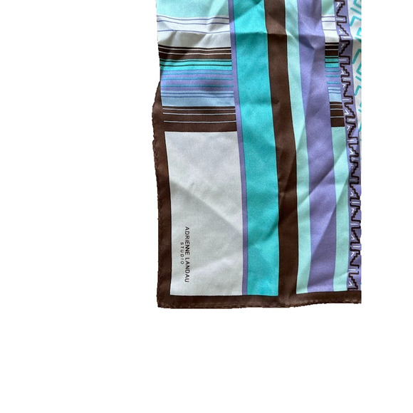 Adrienne Landau Silk Scarf Women's Blue Brown Geometric Square 34" x 34" - Picture 4 of 6